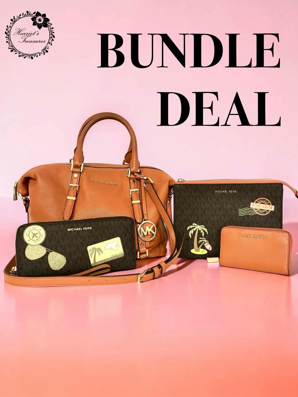 Michael Kors Orange Leather Satchel Bundle with Monogram Wallets